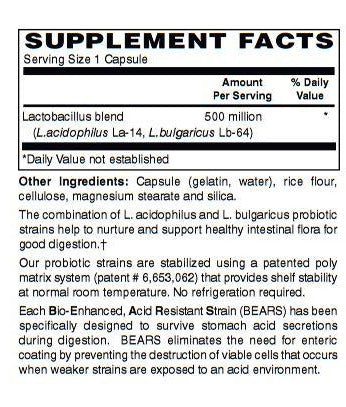 Acidophilus Capsules Contains 500 million viable cells per capsule.