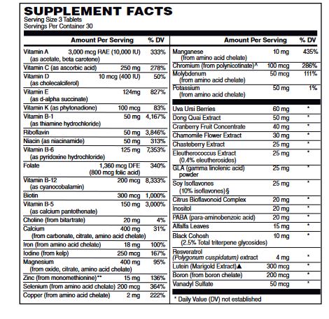 active womens multivitamin with dong quai, uva ursi, chasterberry, black cohosh and vanadyl sulfate.